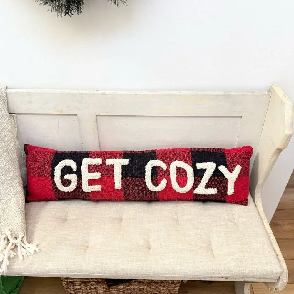 MudPie Get Cozy Red Black Buffalo Plaid Burlap Oatmeal Wool Long Accent Pillow